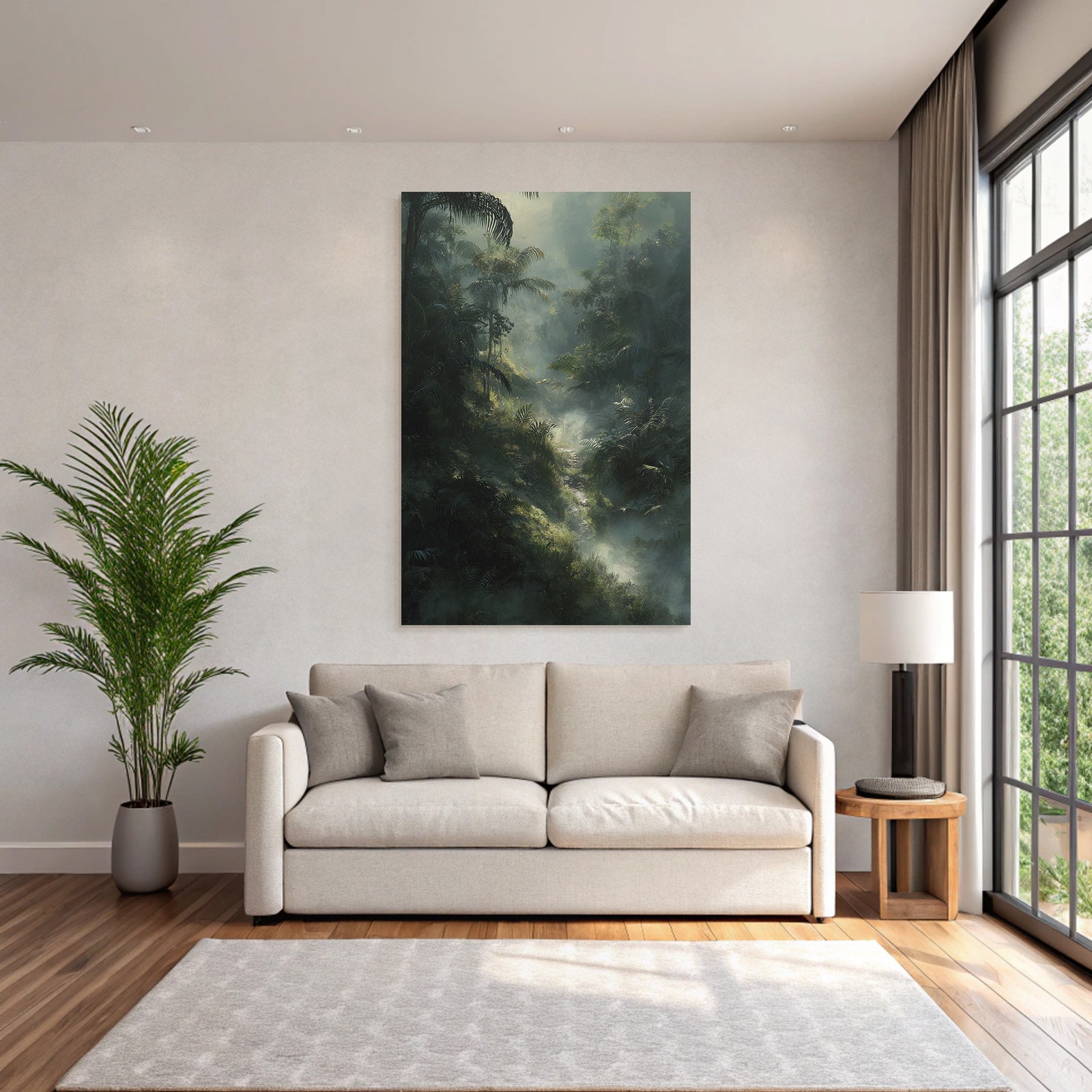 Tropics and Jungle Lush Misty Jungle Scene with Dense Foliage and Soft Light