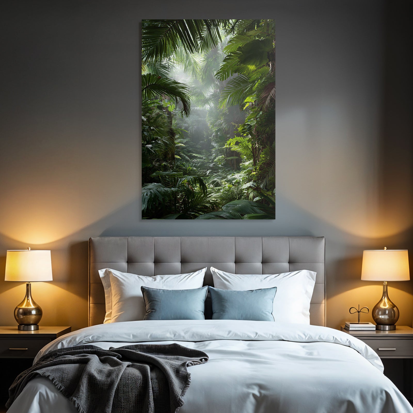 Tropics and Jungle Lush rainforest scene with palm leaves and ferns