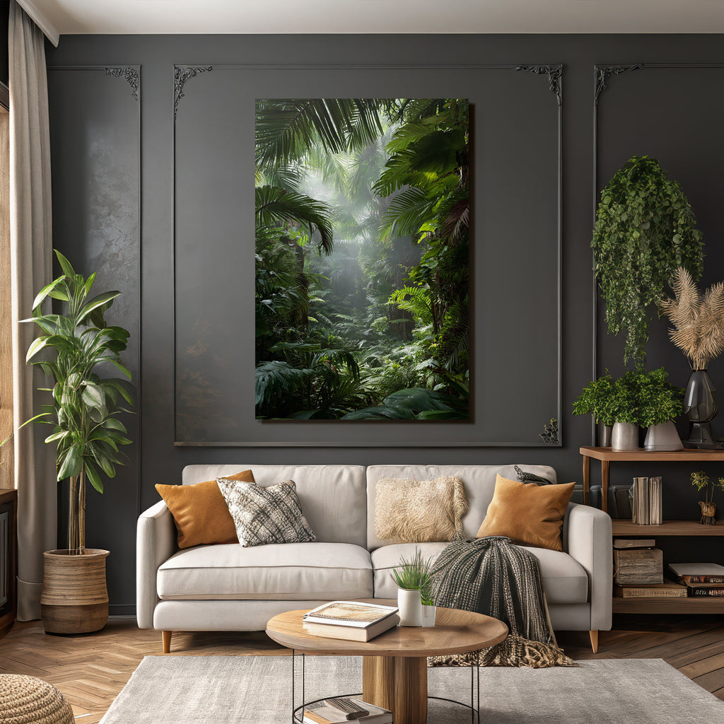 Tropics and Jungle Lush rainforest scene with palm leaves and ferns