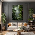 Tropics and Jungle Lush rainforest scene with palm leaves and ferns