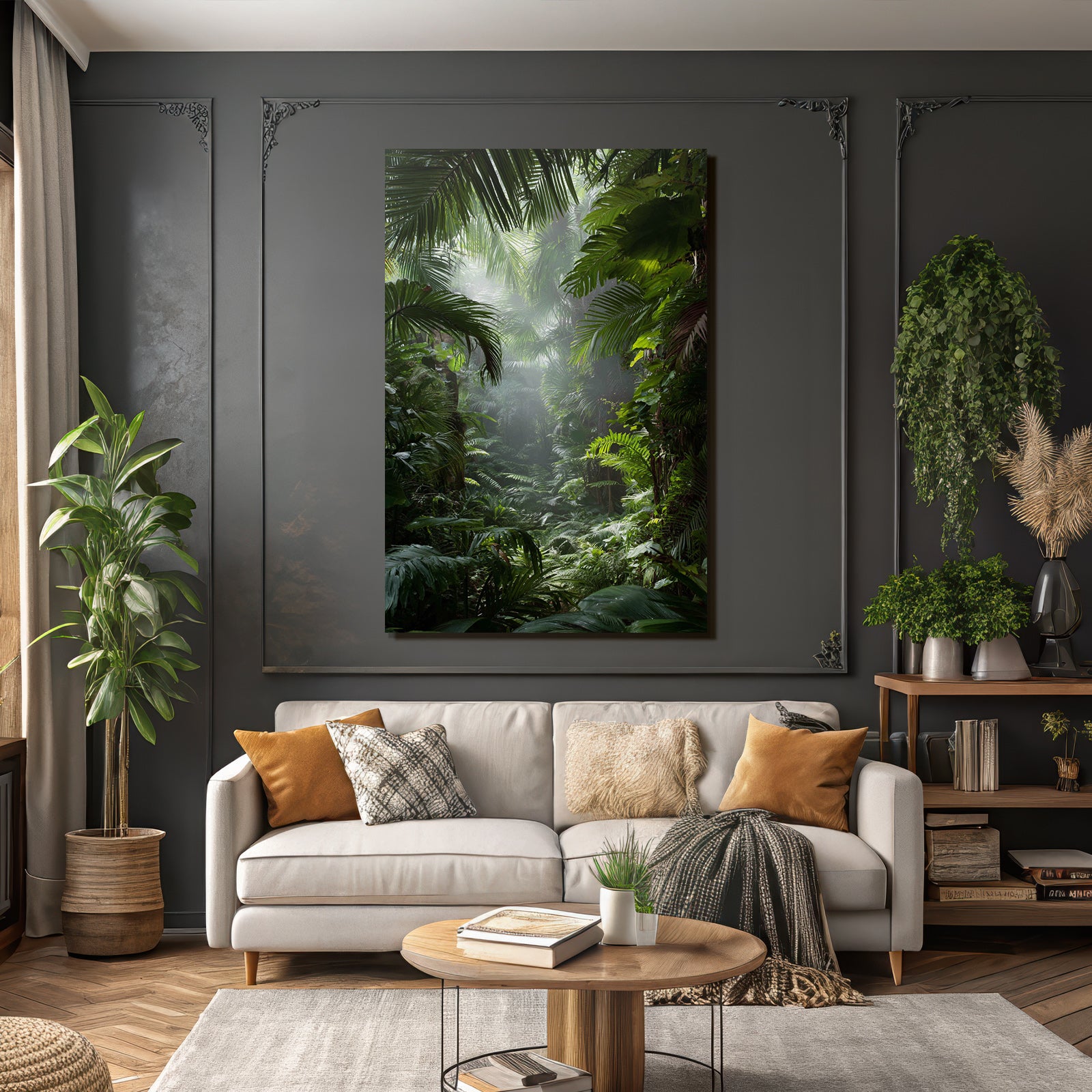 Tropics and Jungle Lush rainforest scene with palm leaves and ferns