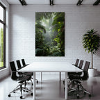 Tropics and Jungle Lush rainforest scene with palm leaves and ferns