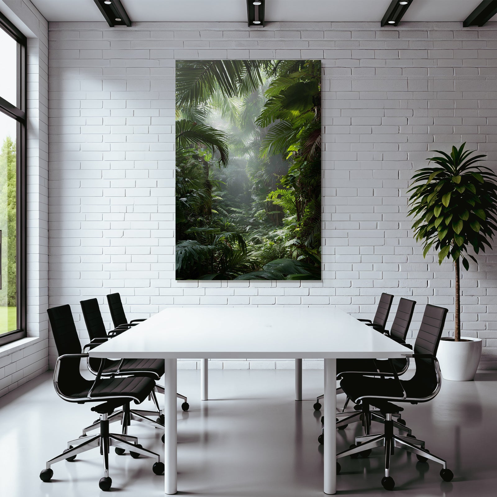 Tropics and Jungle Lush rainforest scene with palm leaves and ferns