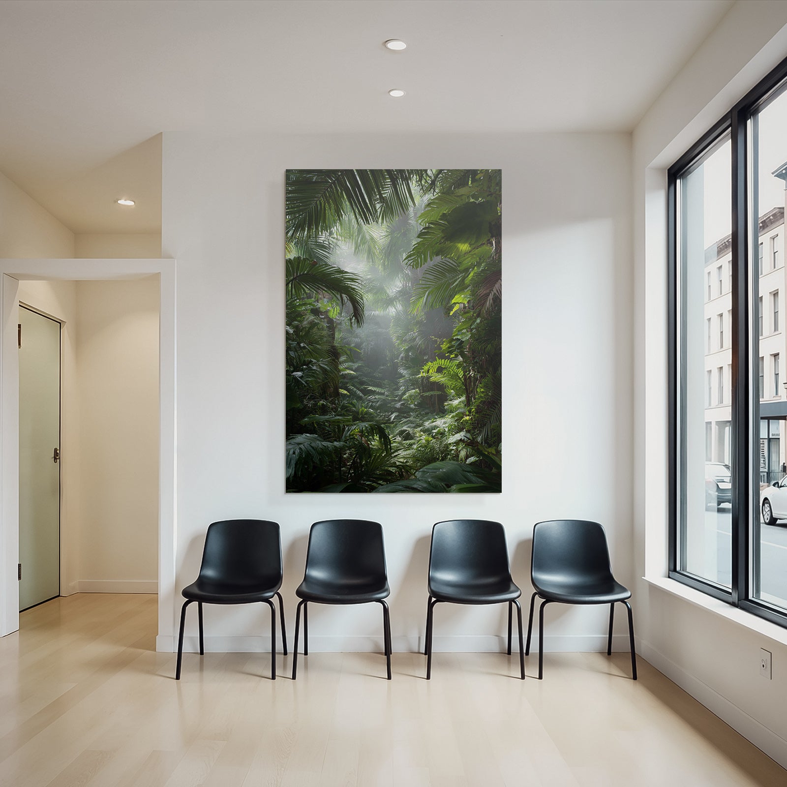 Tropics and Jungle Lush rainforest scene with palm leaves and ferns