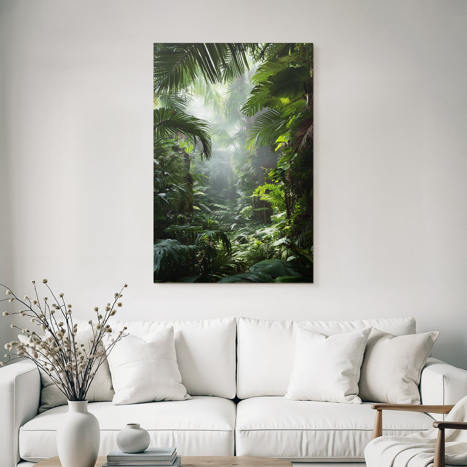 Tropics and Jungle Lush rainforest scene with palm leaves and ferns