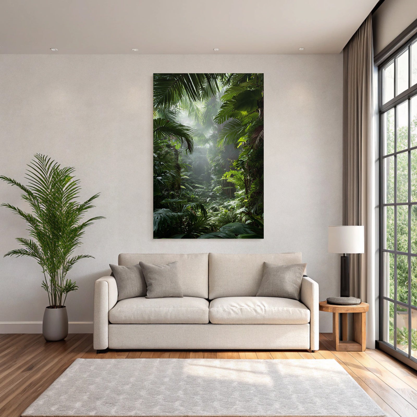 Tropics and Jungle Lush rainforest scene with palm leaves and ferns