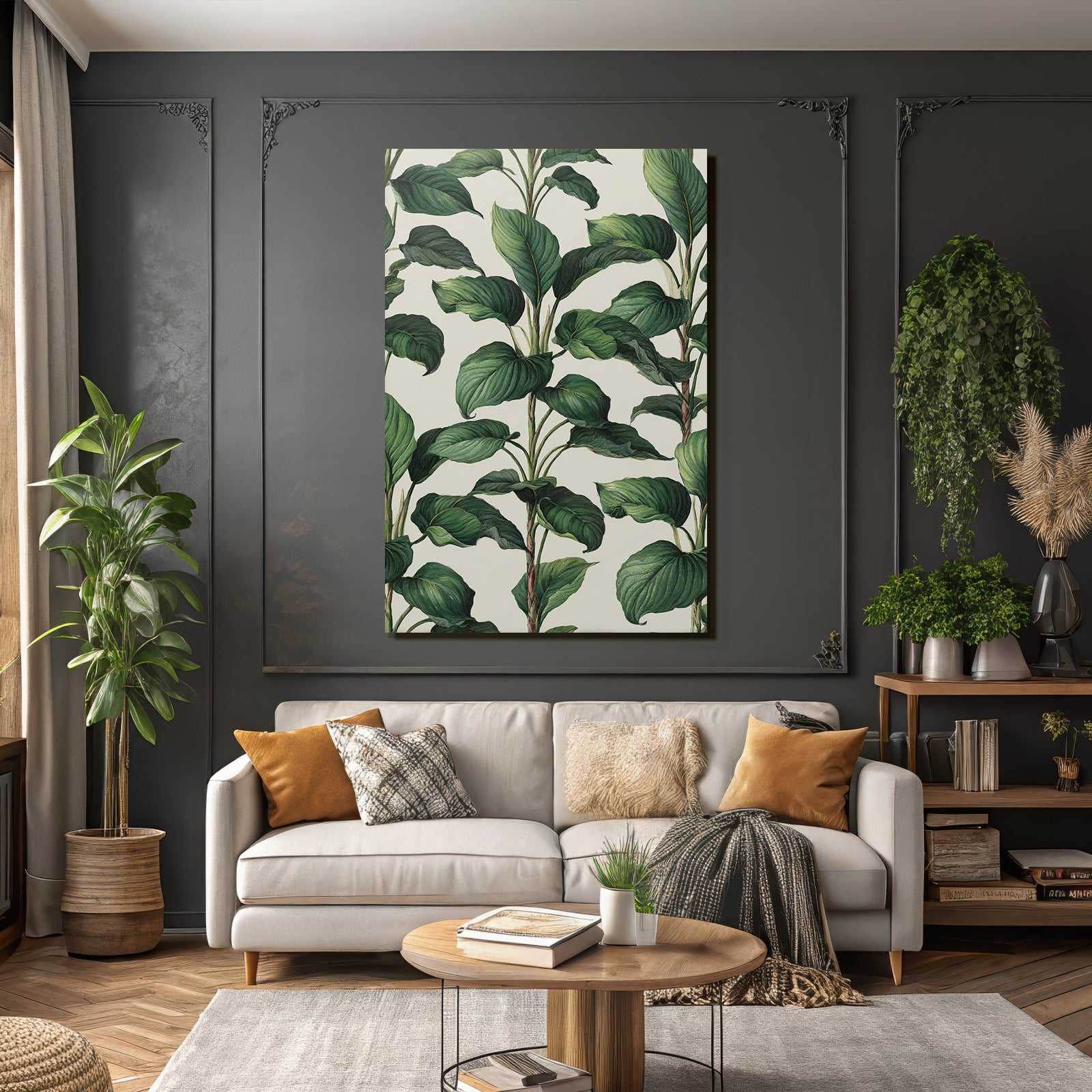 Tropical and jungle pattern of lush green leaves on a light background