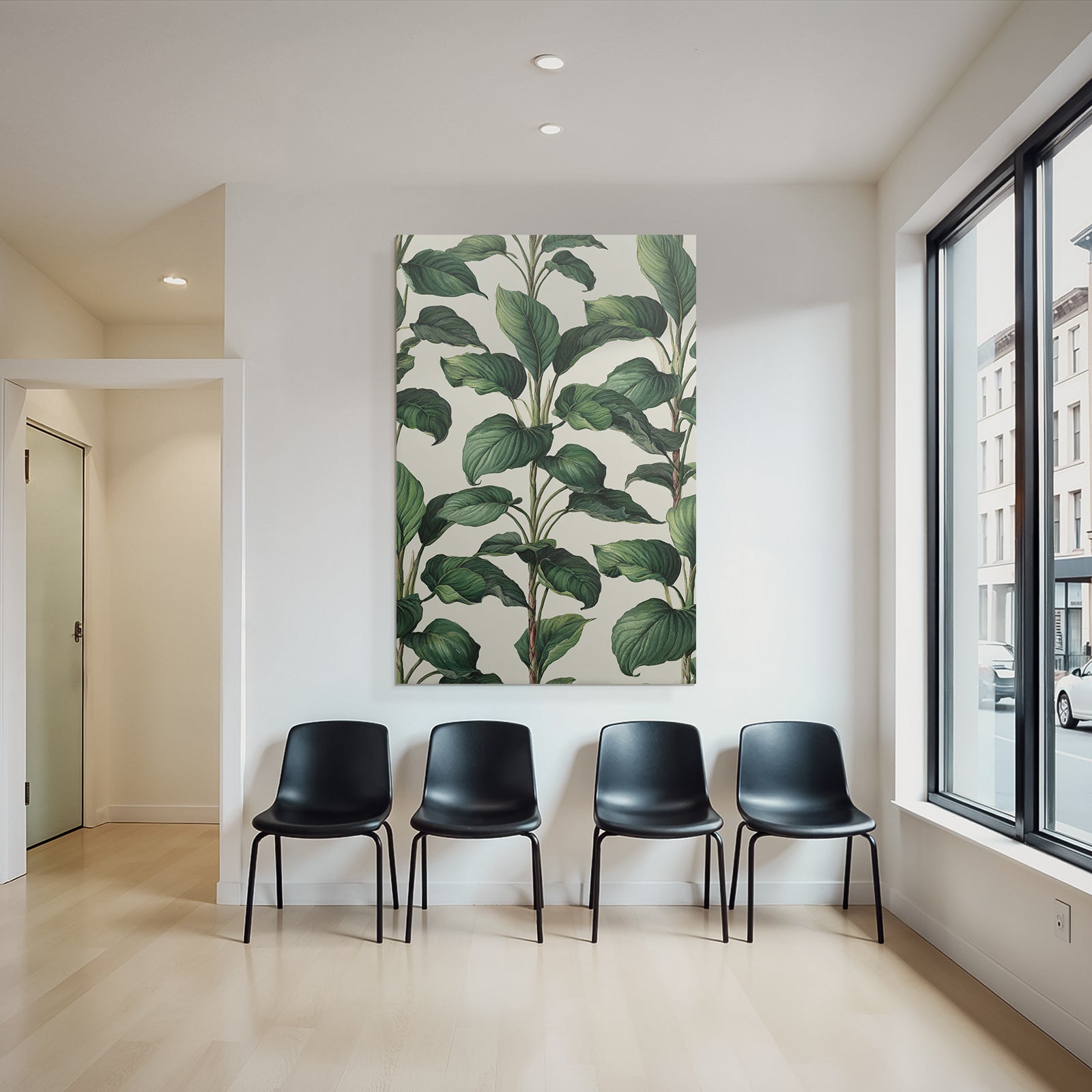 Tropical and jungle pattern of lush green leaves on a light background