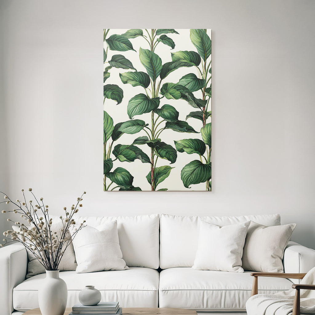 Tropical and jungle pattern of lush green leaves on a light background