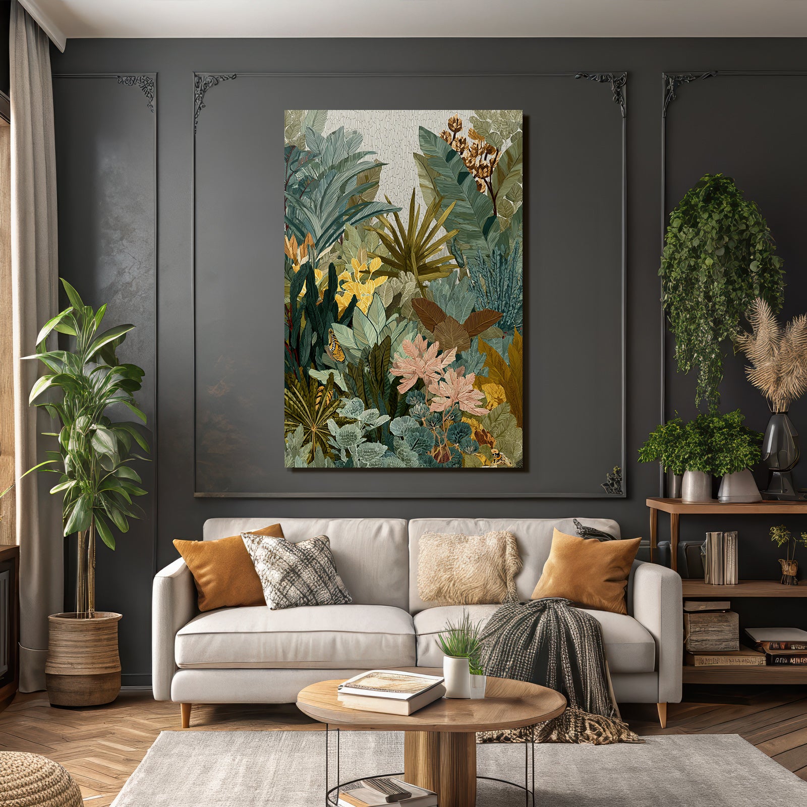 Tropics and jungles Rich detailed drawing of plants, foils and butterflies Tropical environment