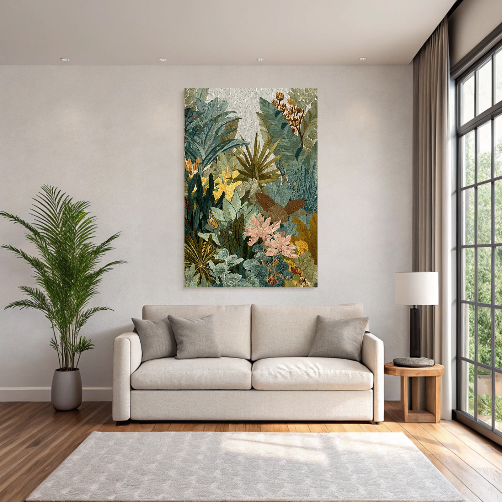 Tropics and jungles Rich detailed drawing of plants, foils and butterflies Tropical environment