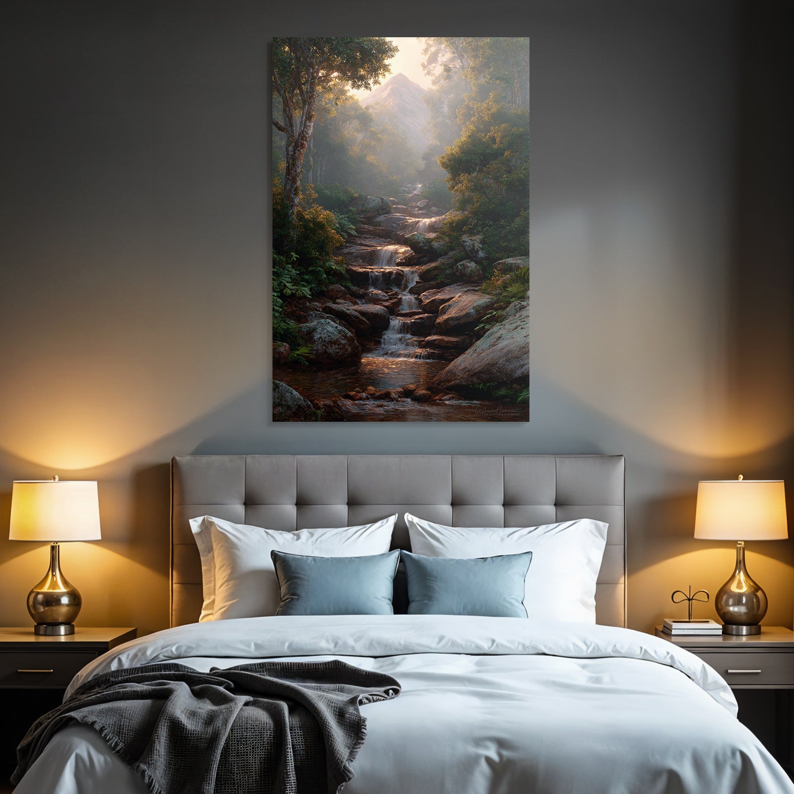 Tropical and jungle tranquil nature landscape with stream in forest and foggy mountain