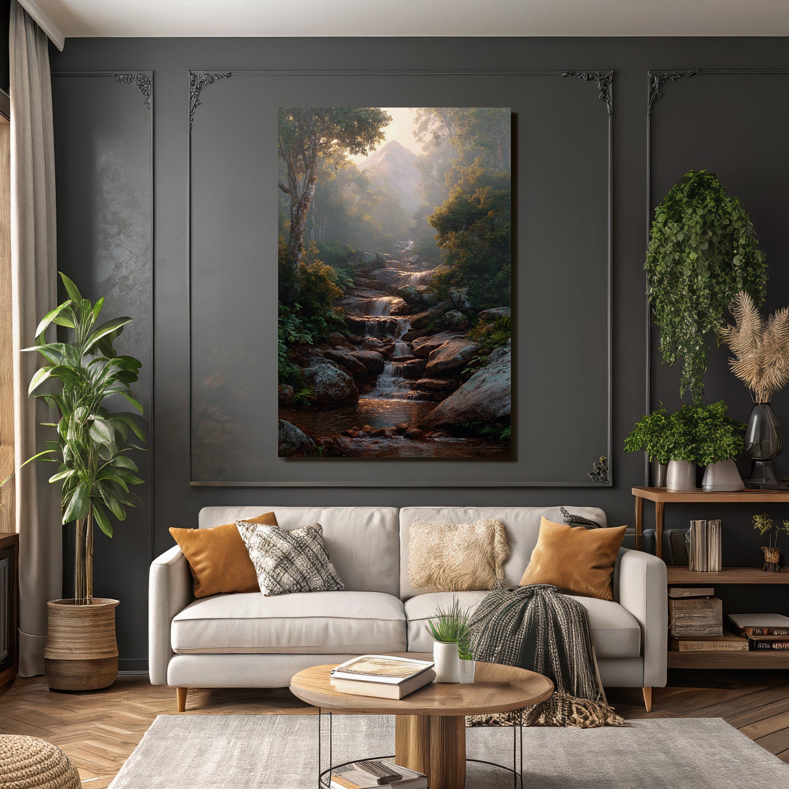 Tropical and jungle tranquil nature landscape with stream in forest and foggy mountain