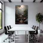 Tropical and jungle tranquil nature landscape with stream in forest and foggy mountain