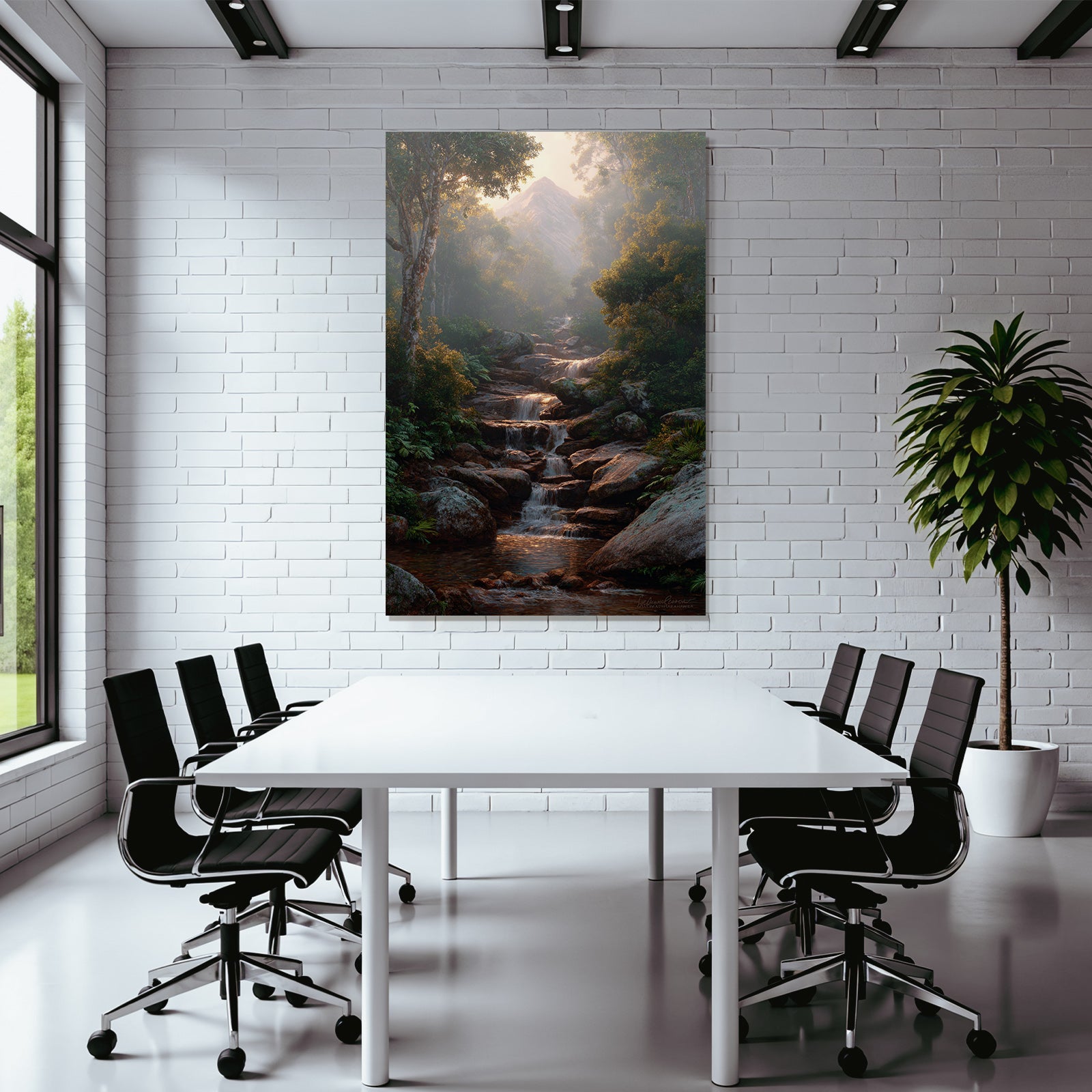 Tropical and jungle tranquil nature landscape with stream in forest and foggy mountain
