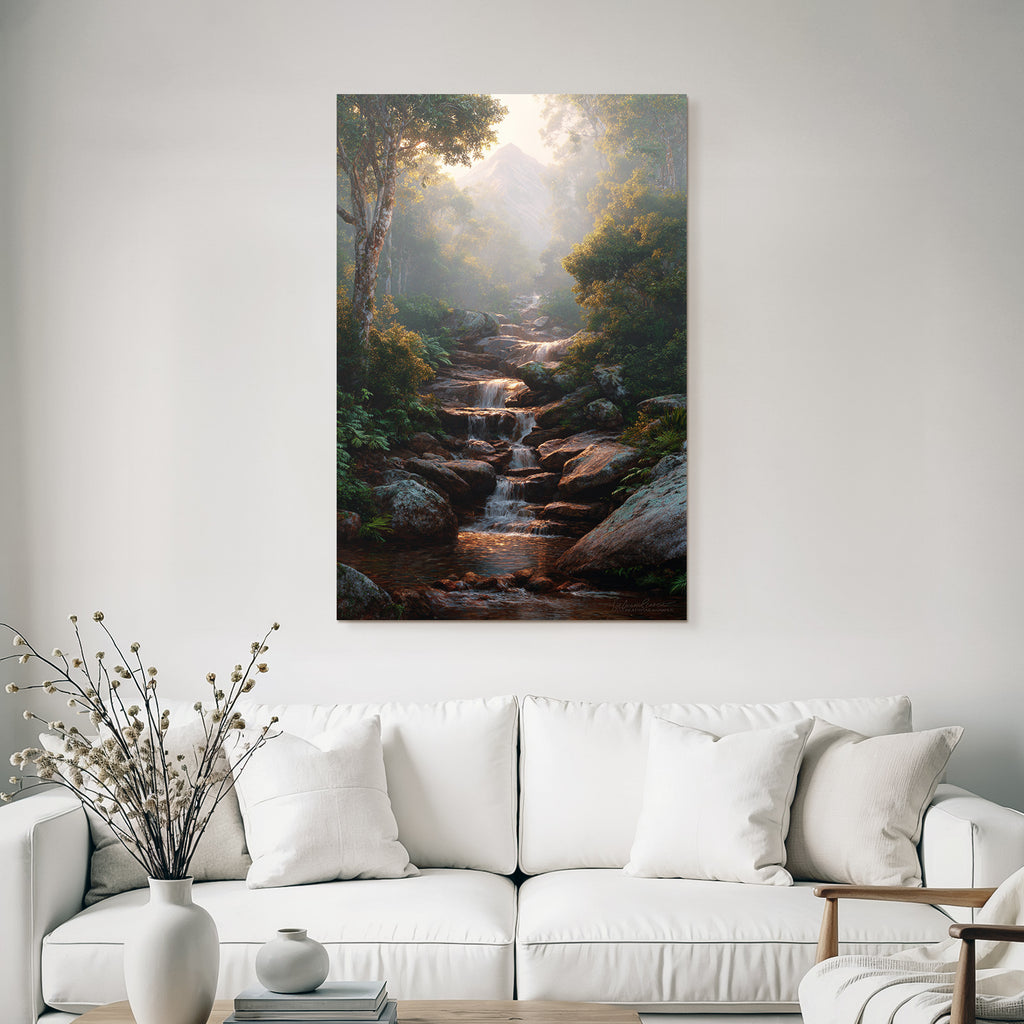 Tropical and jungle tranquil nature landscape with stream in forest and foggy mountain