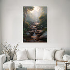 Tropical and jungle tranquil nature landscape with stream in forest and foggy mountain
