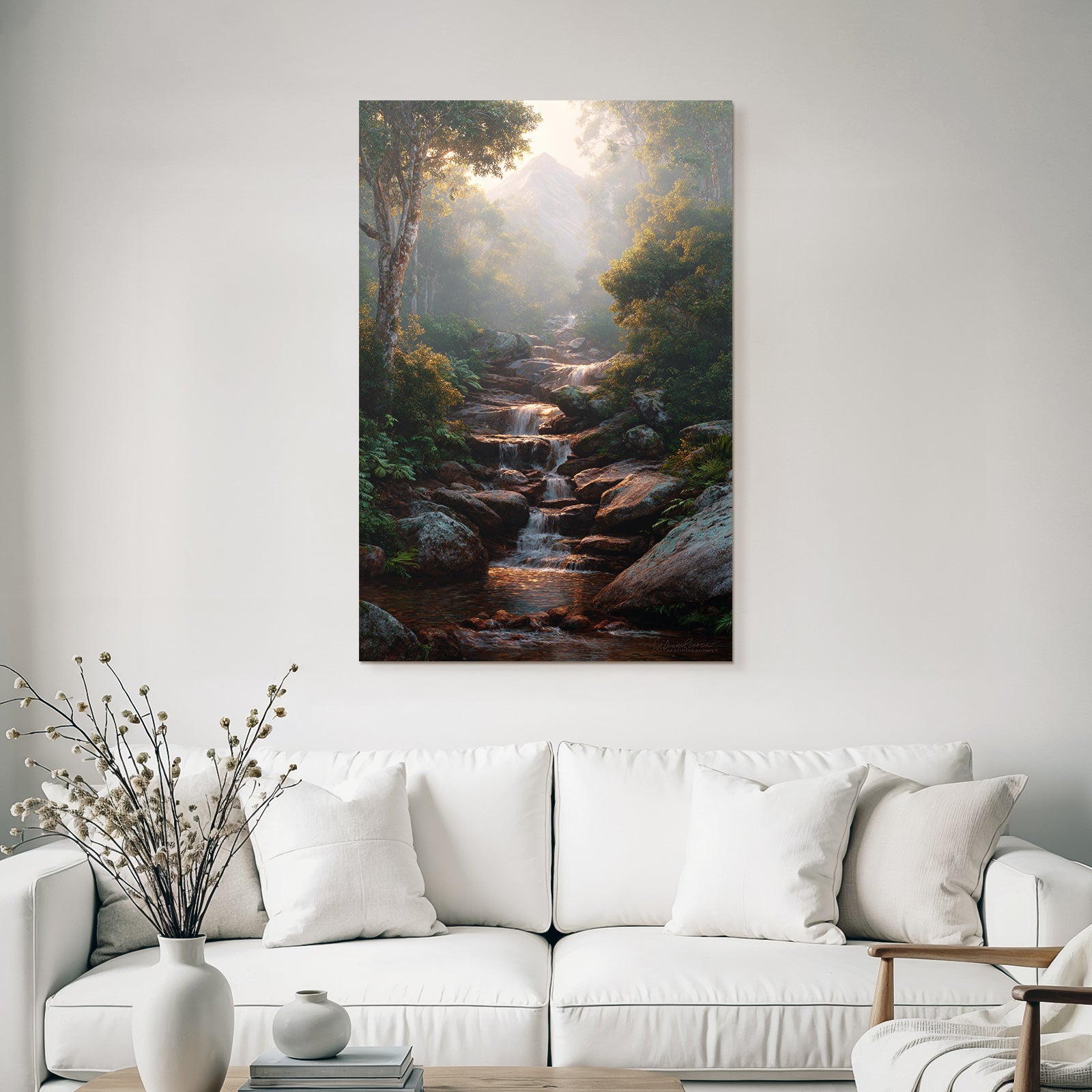 Tropical and jungle tranquil nature landscape with stream in forest and foggy mountain