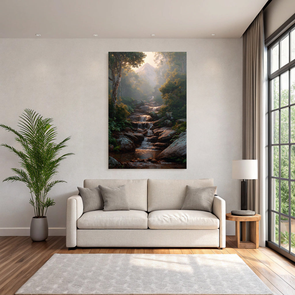 Tropical and jungle tranquil nature landscape with stream in forest and foggy mountain