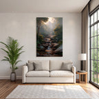 Tropical and jungle tranquil nature landscape with stream in forest and foggy mountain