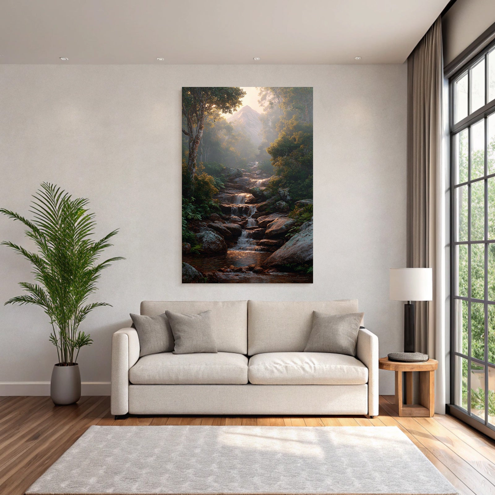 Tropical and jungle tranquil nature landscape with stream in forest and foggy mountain