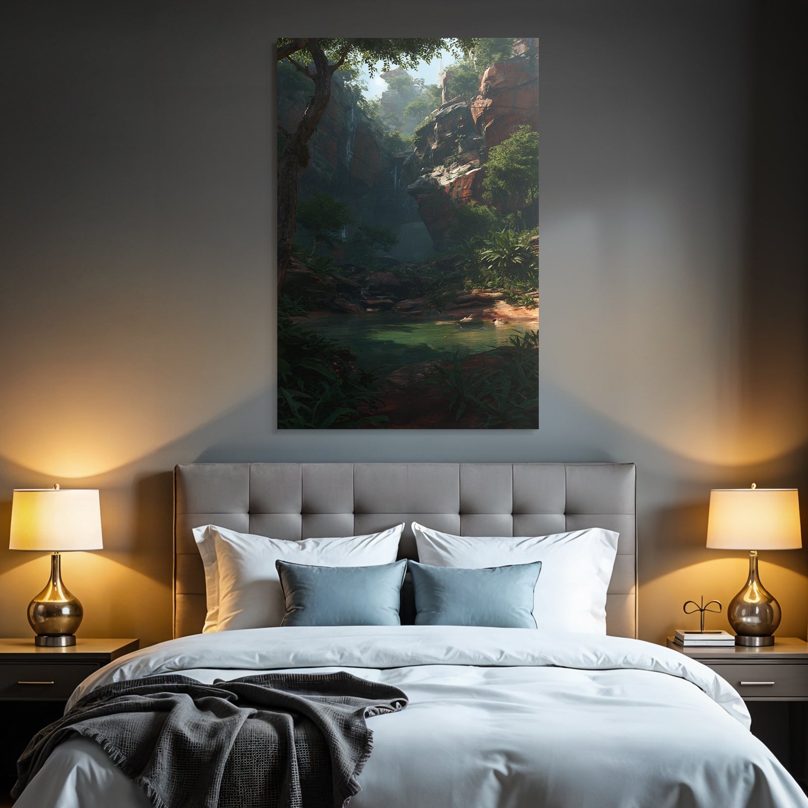 Tropics and jungle tranquil nature landscape with falls in canyon reflecting water