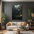 Tropics and jungle tranquil nature landscape with falls in canyon reflecting water