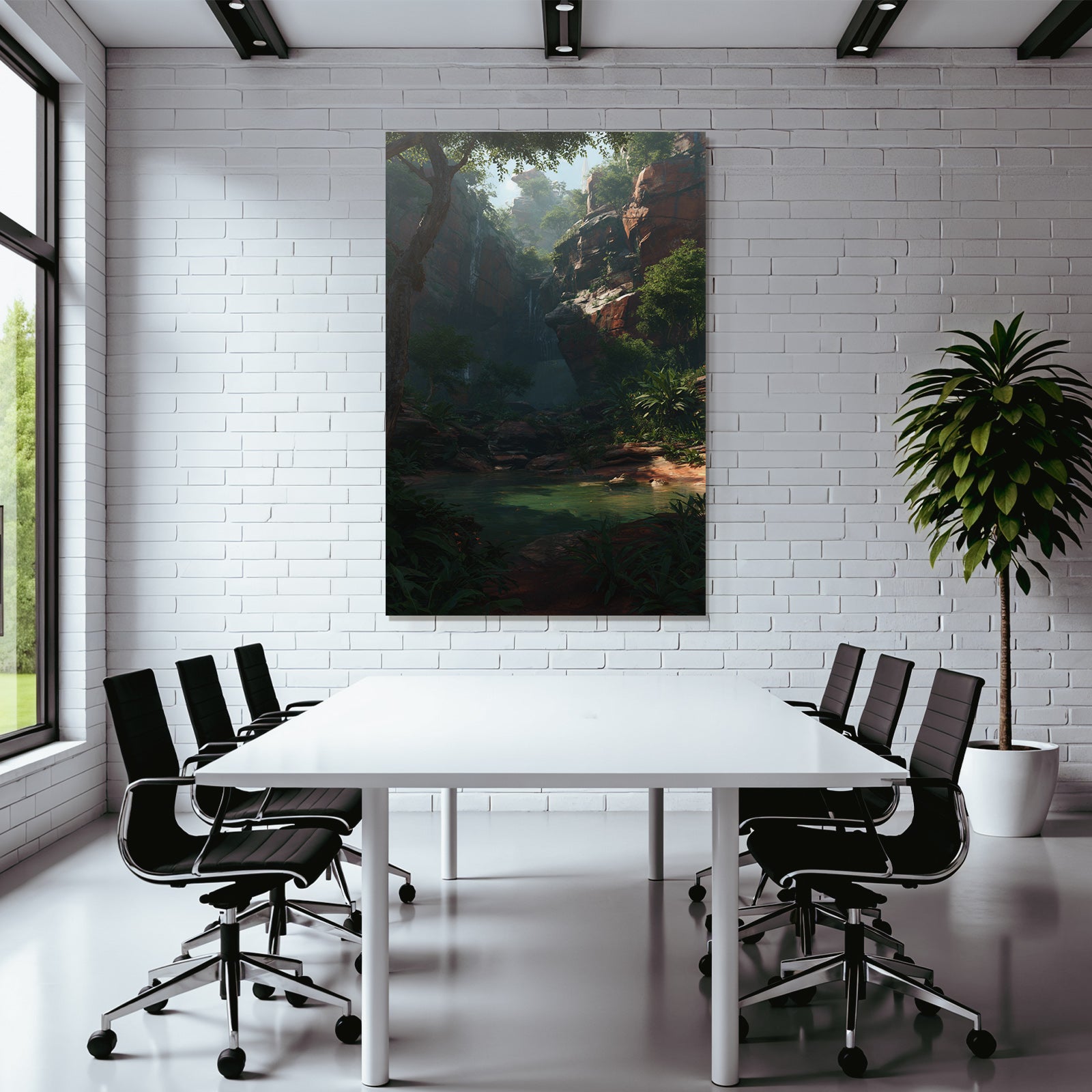 Tropics and jungle tranquil nature landscape with falls in canyon reflecting water