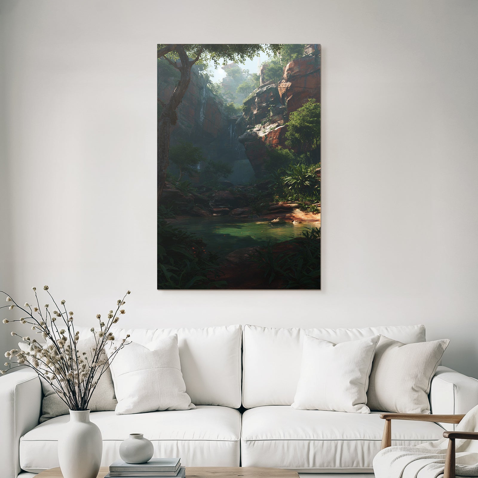 Tropics and jungle tranquil nature landscape with falls in canyon reflecting water