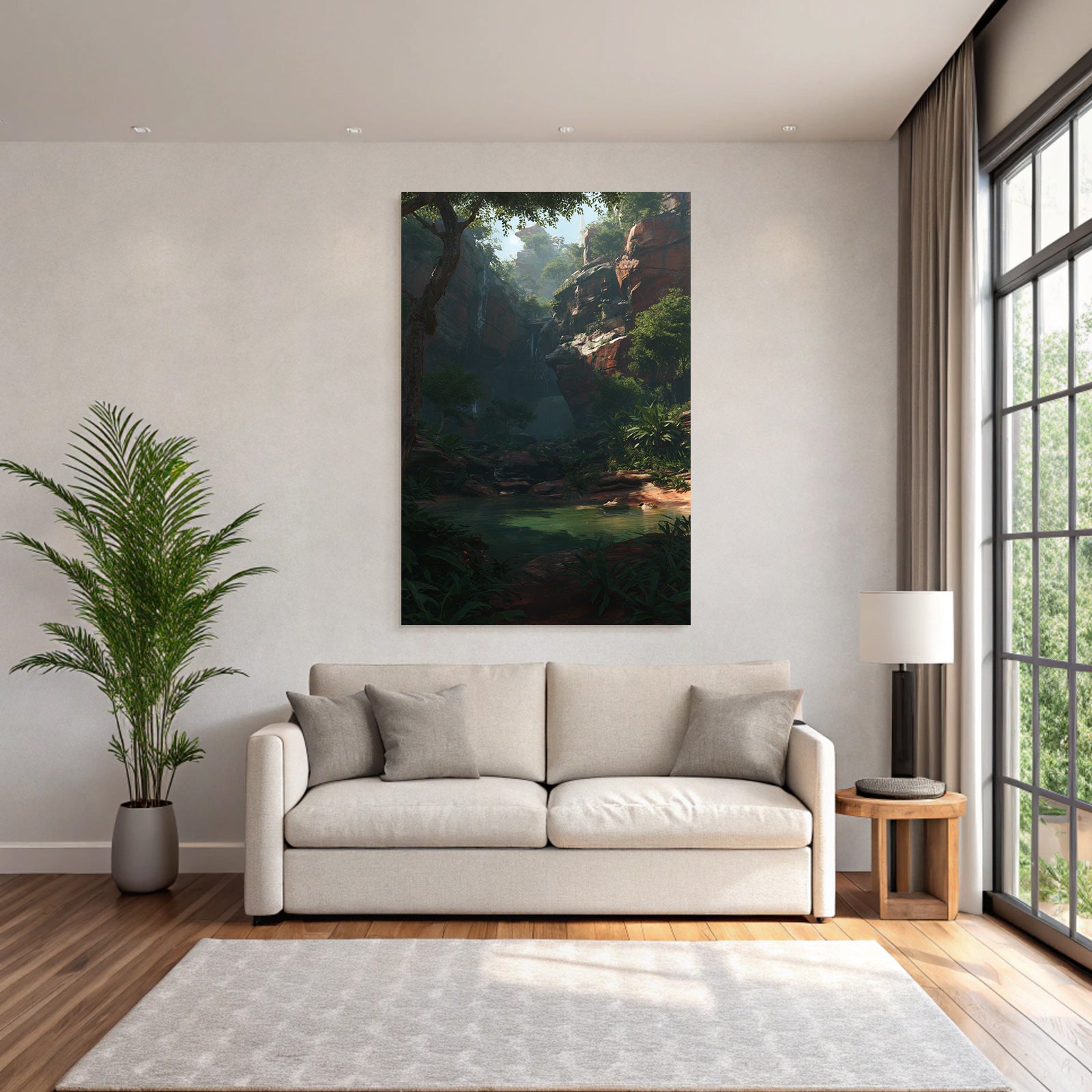 Tropics and jungle tranquil nature landscape with falls in canyon reflecting water