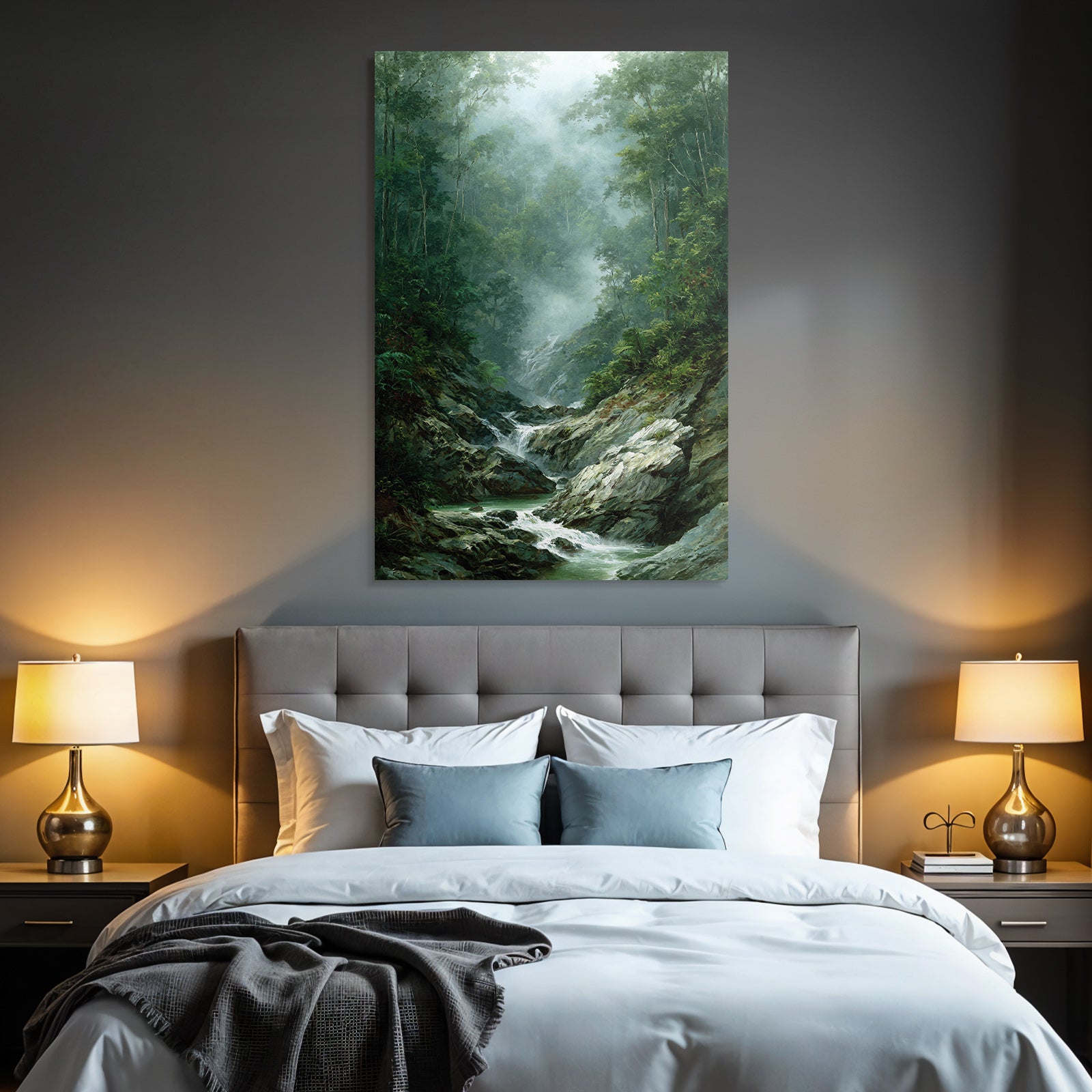 Tropical and jungle tranquil forest landscape with flowing stream fog atmosphere