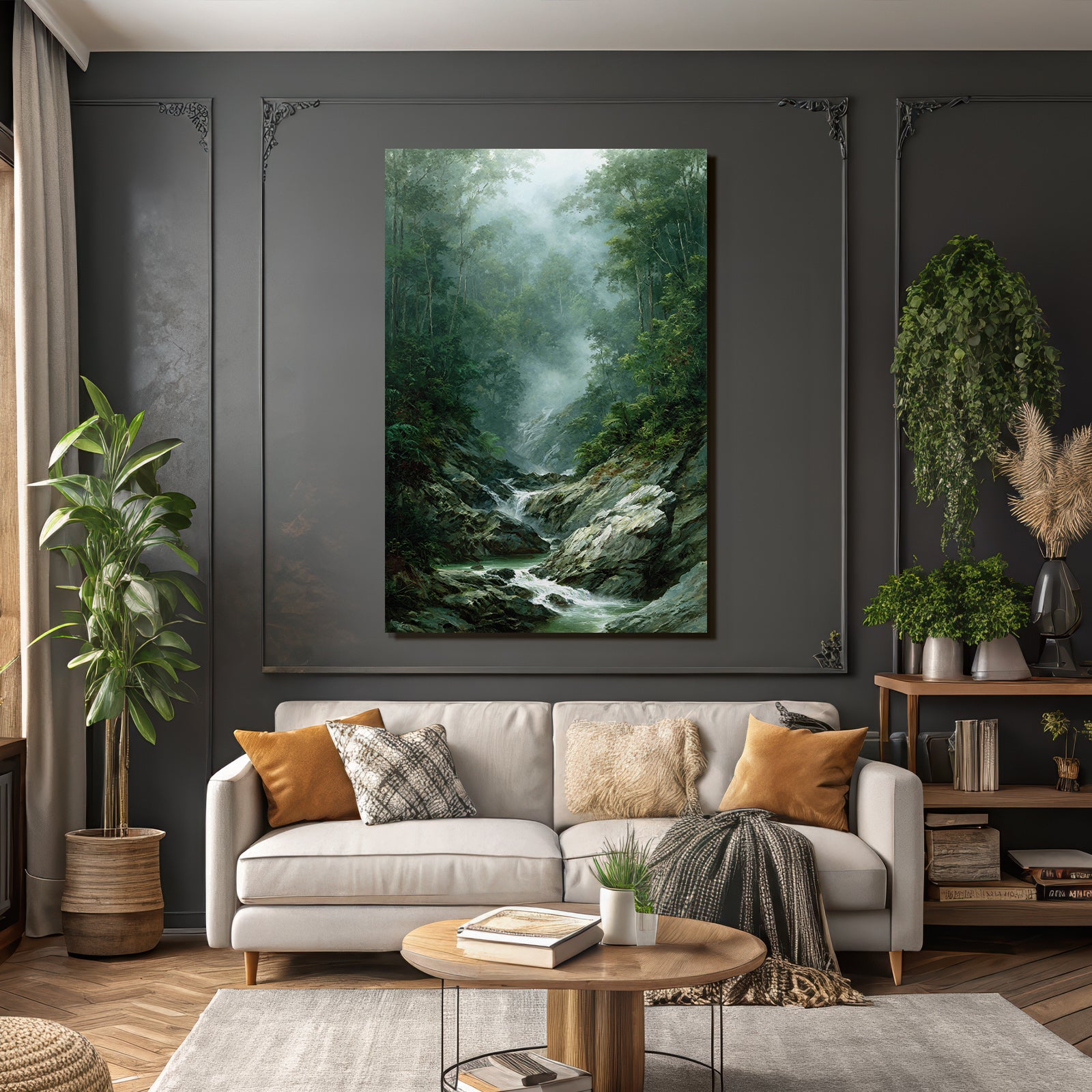 Tropical and jungle tranquil forest landscape with flowing stream fog atmosphere