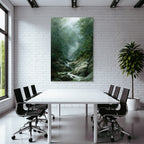 Tropical and jungle tranquil forest landscape with flowing stream fog atmosphere