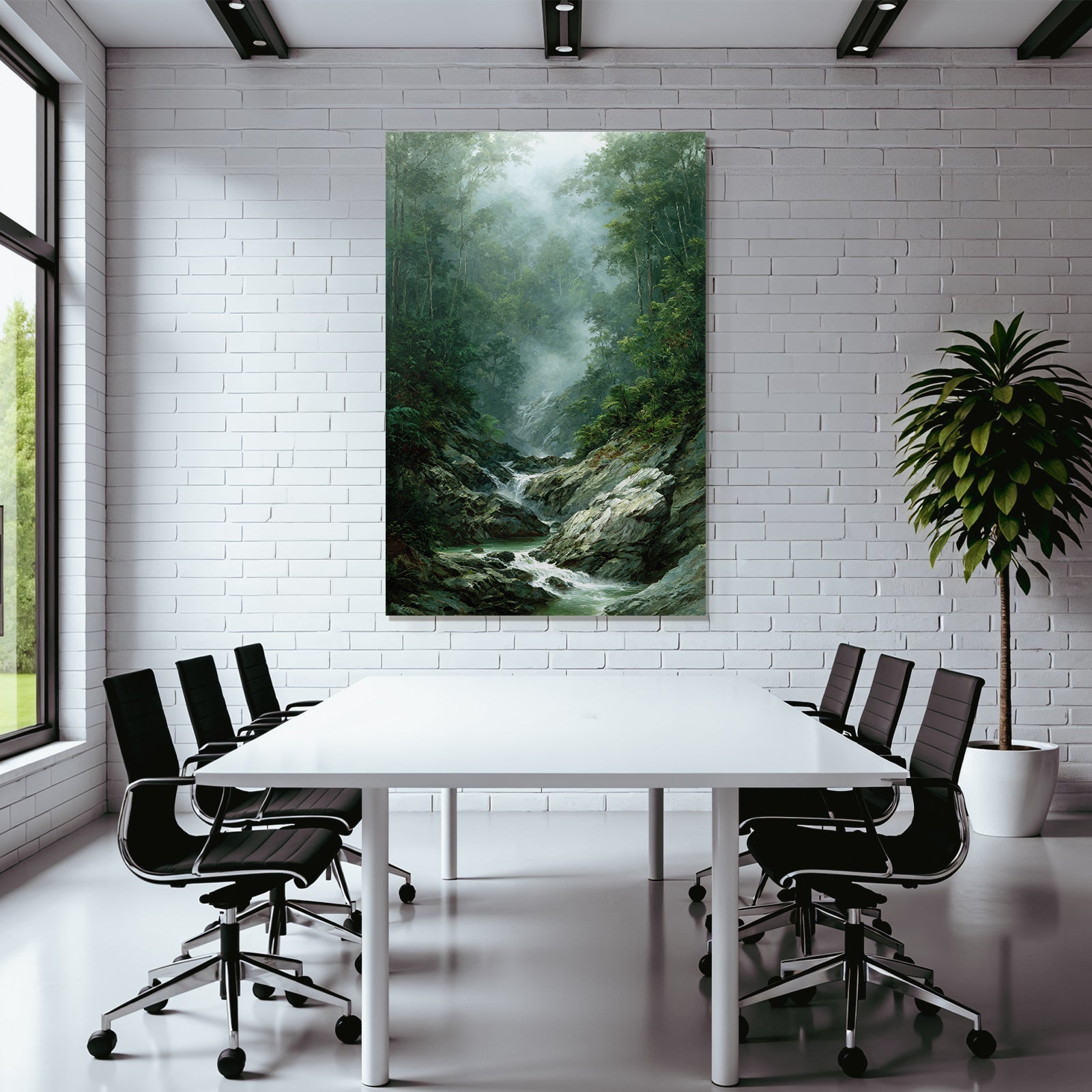 Tropical and jungle tranquil forest landscape with flowing stream fog atmosphere