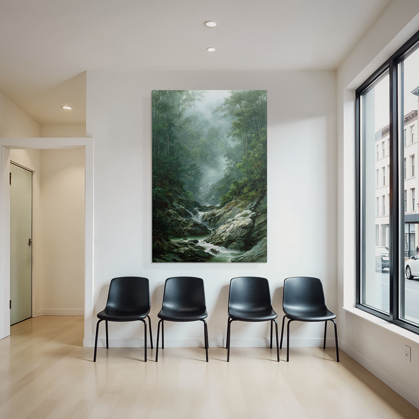 Tropical and jungle tranquil forest landscape with flowing stream fog atmosphere