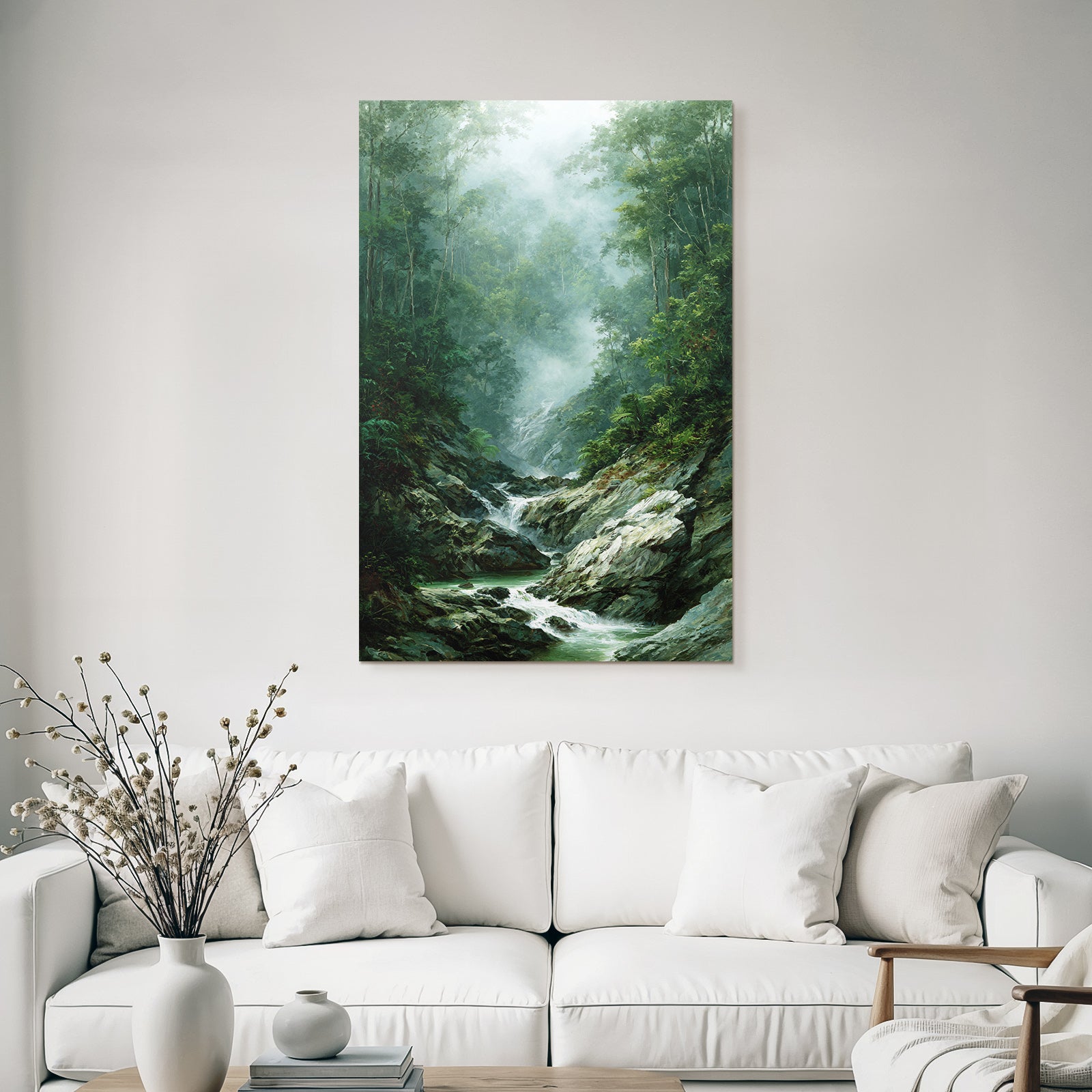 Tropical and jungle tranquil forest landscape with flowing stream fog atmosphere