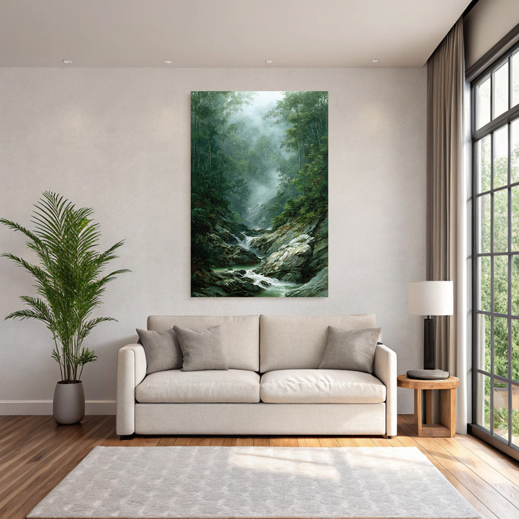 Tropical and jungle tranquil forest landscape with flowing stream fog atmosphere