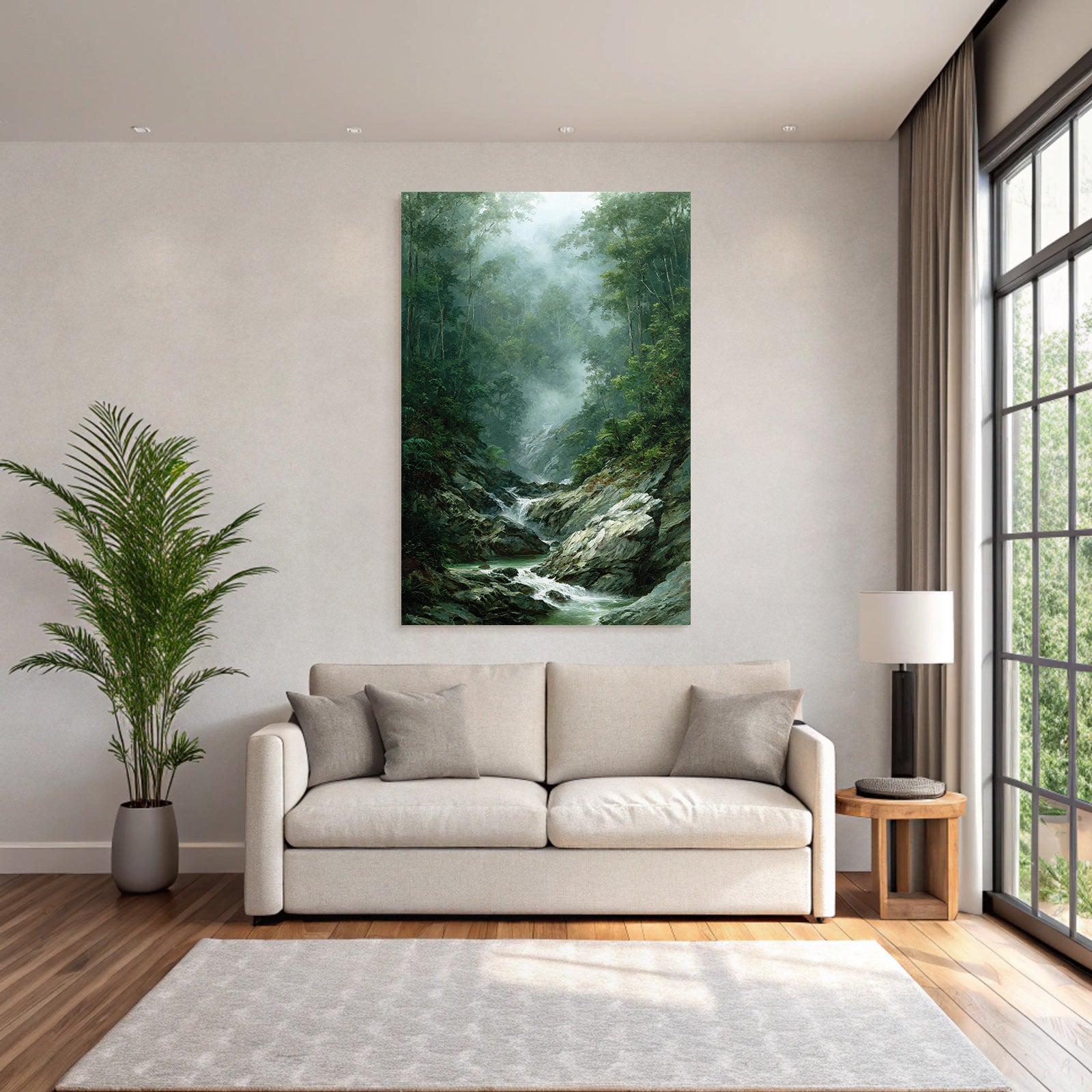 Tropical and jungle tranquil forest landscape with flowing stream fog atmosphere