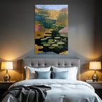 Tropics and jungle, tranquil waterscape, lilies and vegetation, golden elements