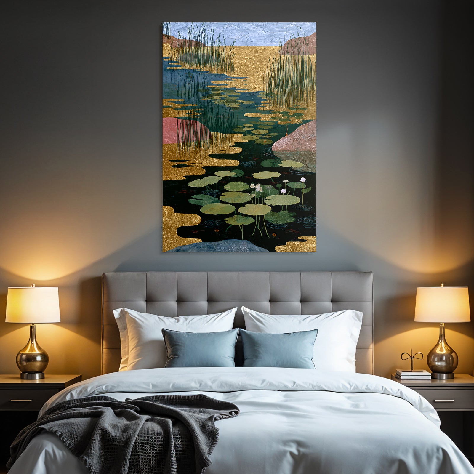 Tropics and jungle, tranquil waterscape, lilies and vegetation, golden elements