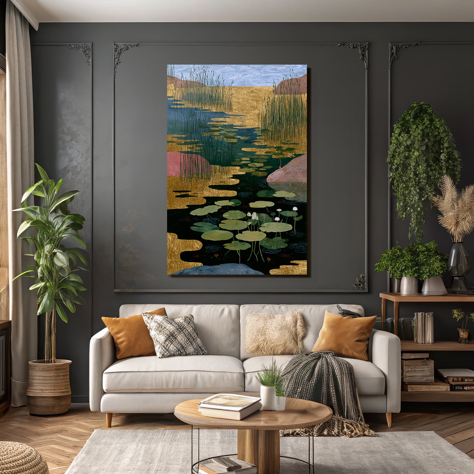 Tropics and jungle, tranquil waterscape, lilies and vegetation, golden elements