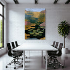 Tropics and jungle, tranquil waterscape, lilies and vegetation, golden elements