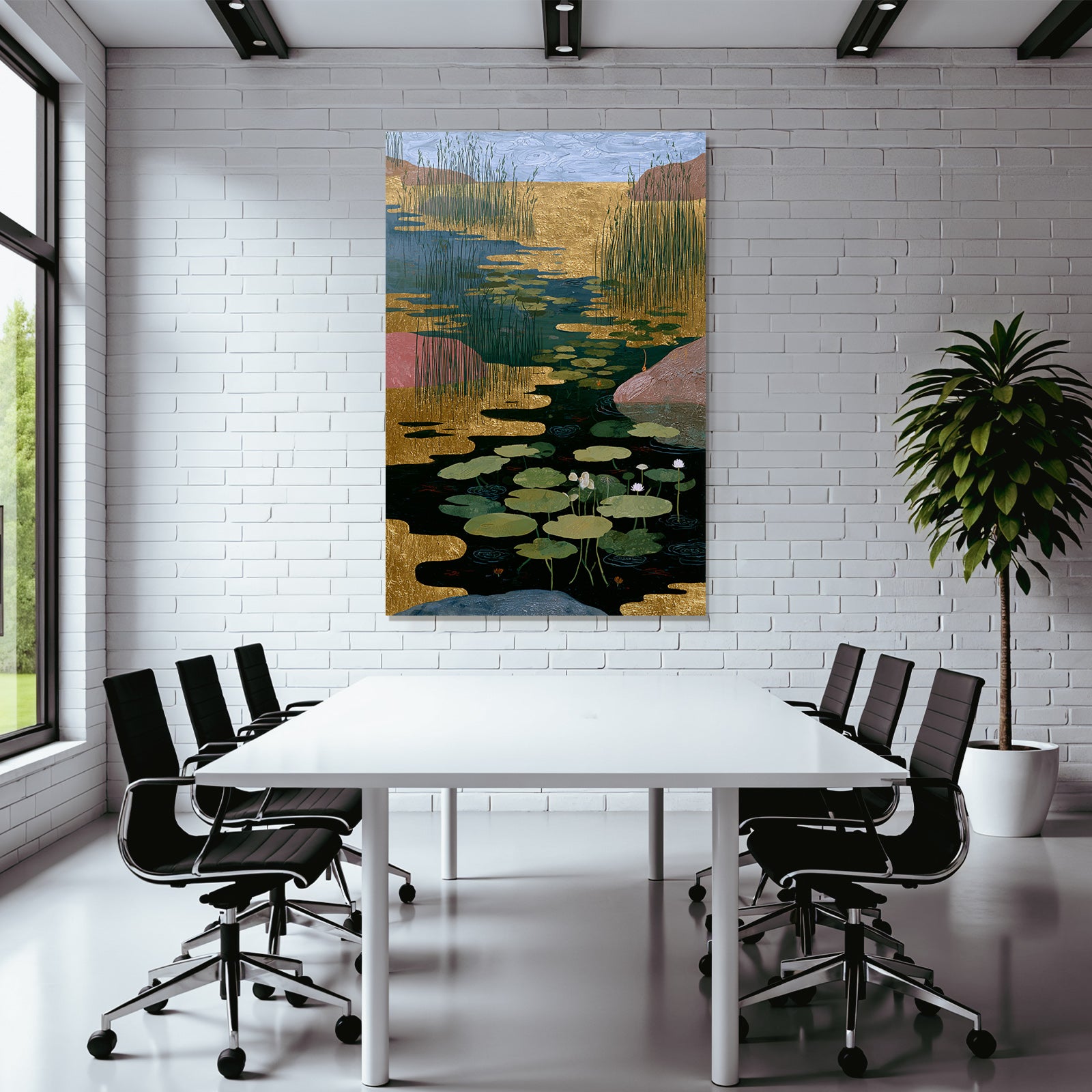Tropics and jungle, tranquil waterscape, lilies and vegetation, golden elements