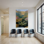 Tropics and jungle, tranquil waterscape, lilies and vegetation, golden elements