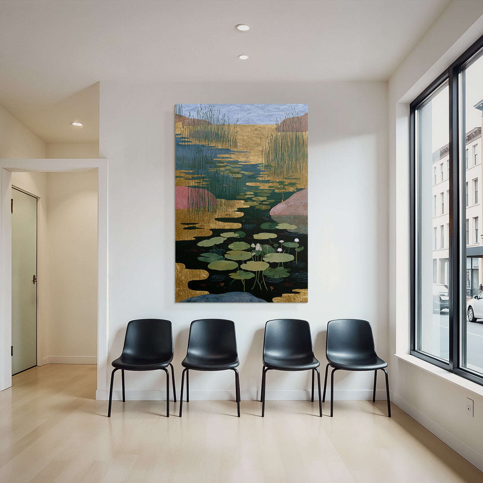 Tropics and jungle, tranquil waterscape, lilies and vegetation, golden elements