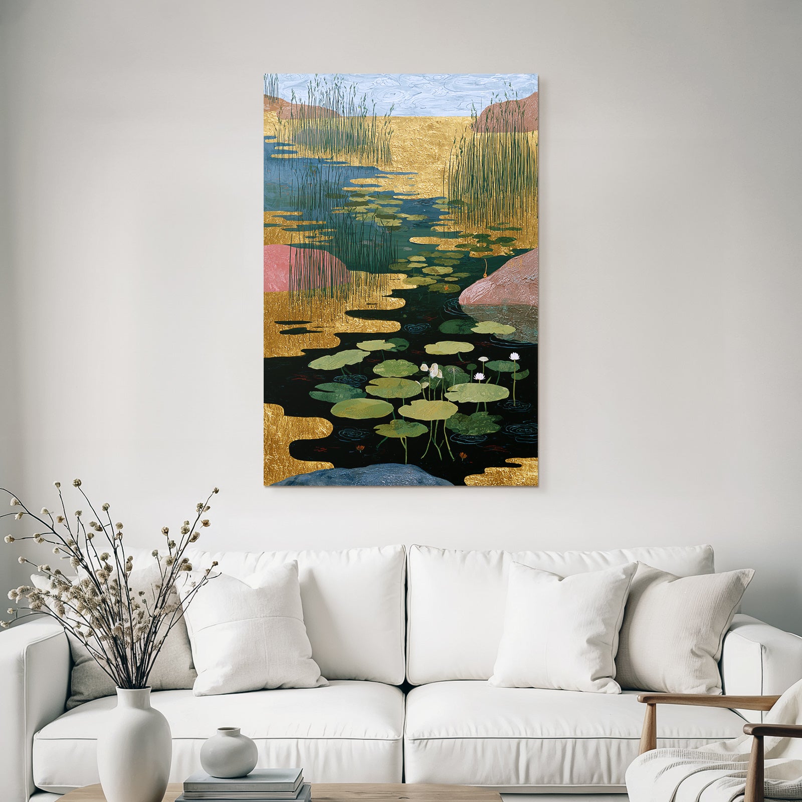 Tropics and jungle, tranquil waterscape, lilies and vegetation, golden elements