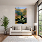 Tropics and jungle, tranquil waterscape, lilies and vegetation, golden elements
