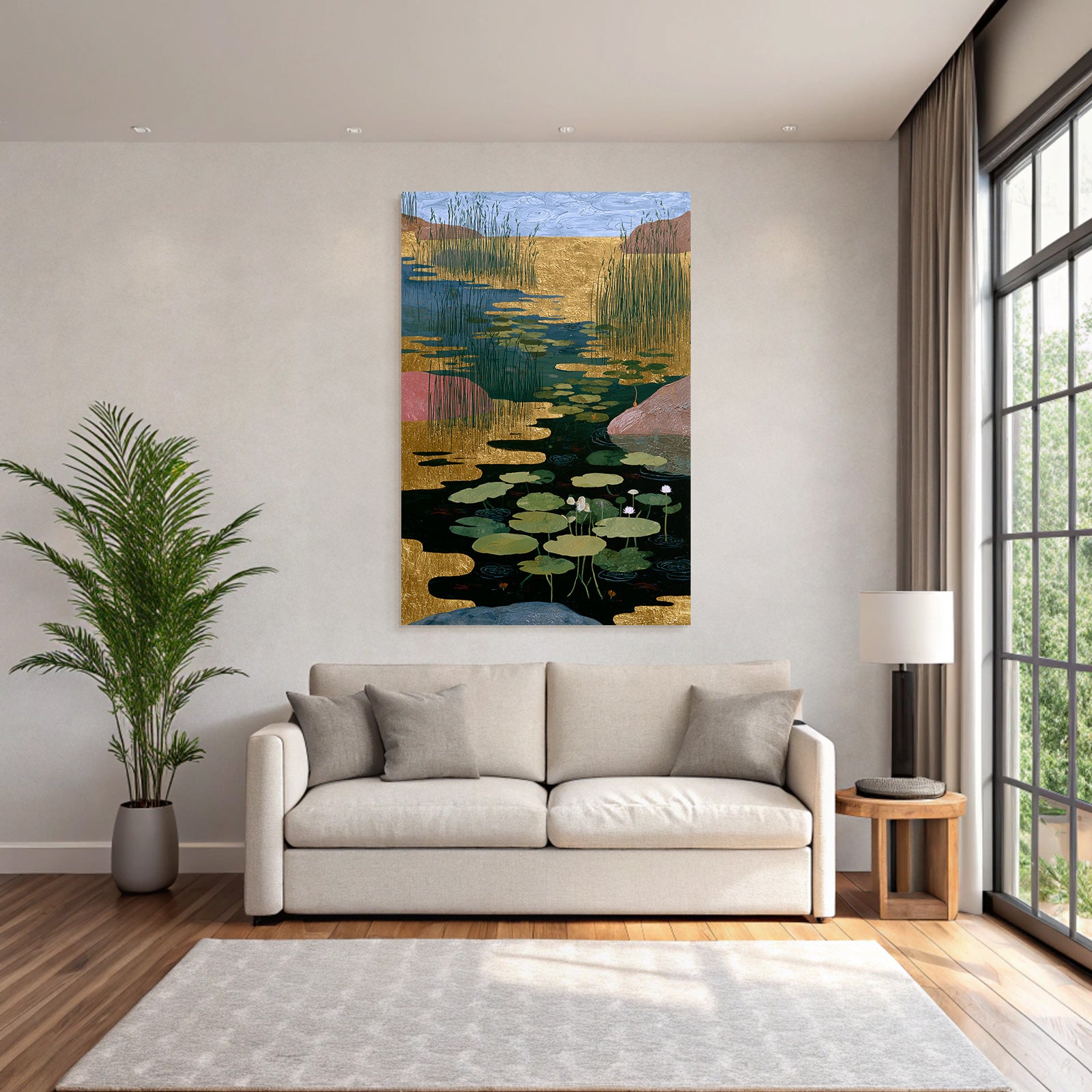 Tropics and jungle, tranquil waterscape, lilies and vegetation, golden elements