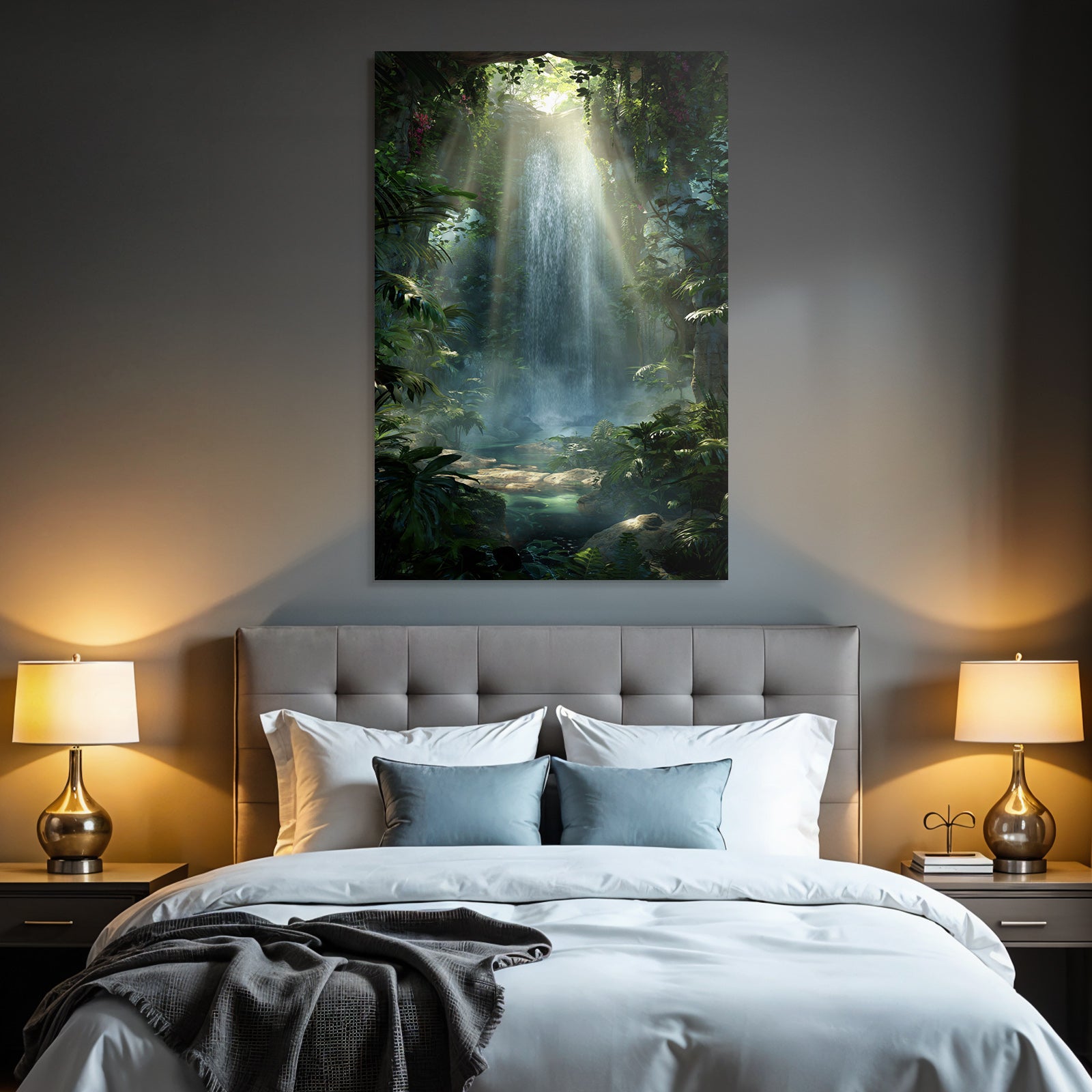 Tropics and Jungle Calm Jungle Waterfall Tranquil Pool with Green Background