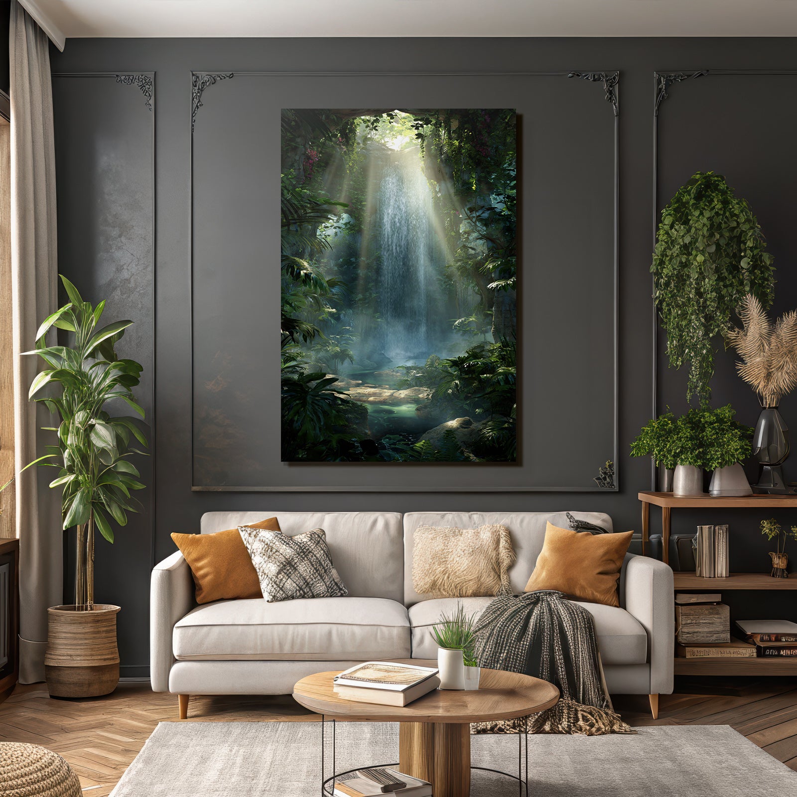 Tropics and Jungle Calm Jungle Waterfall Tranquil Pool with Green Background